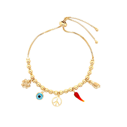 Introducing the Mega Lucky Charm Adjustable Bracelet, designed with a gold finish and adorned with spiritual protection charms, including a four-leaf clover, a blue eye, a peace symbol, a red chili pepper, and a hand.